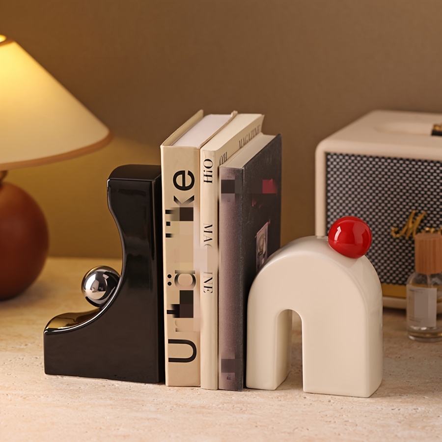 2pcs Set of Stylish Ceramic Bookends with Ball Shape Decorations - Medieval-Style, Modern Bookshelf Ornaments for Home Office, Desk, or Bookshelf Decor, Ideal New Home or New Year Gift, Bookshelf Decor | Ceramic Bookends | Sleek Ceramic Design, Bookends for Bookshelves