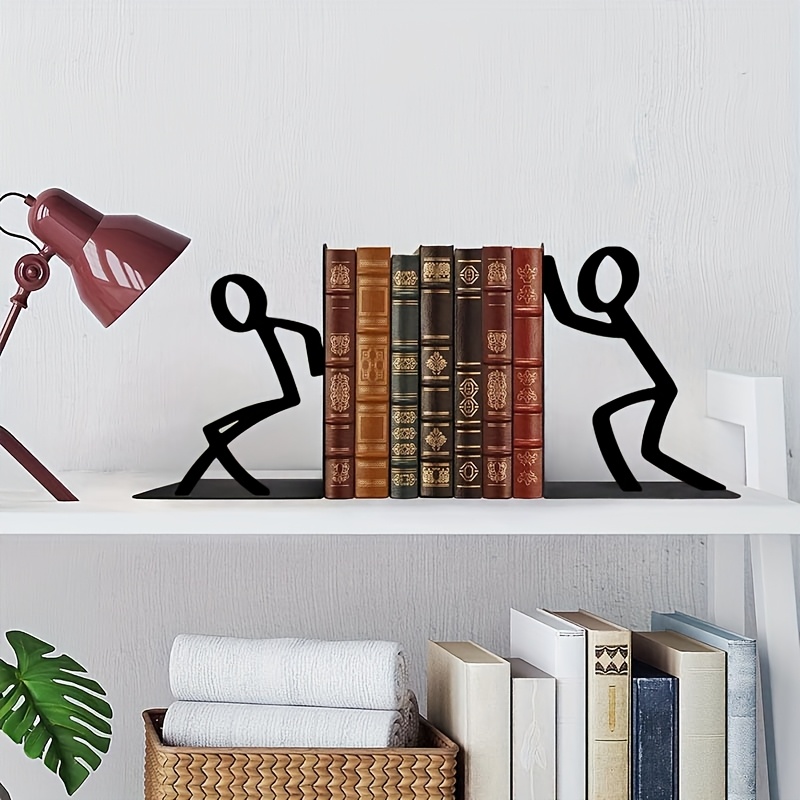 Minimalist Black Bookends Design (Standing Or Sitting) - a Pair of 2 Fun Bookends - Powder-Coated Iron Book Shelf Holders, Durable Book Organizers, Suitable for Home, Office, Study - a Unique Gift for Readers, Book Lovers, And Librarians
