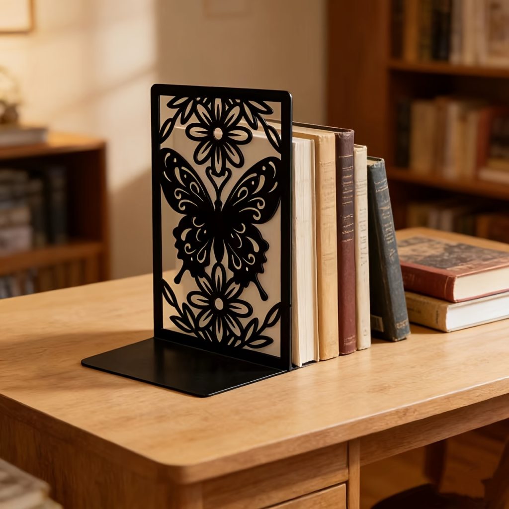 2D FLAT Black Acrylic Bookend, Hollow Art Book Stand, Butterfly Rose Pattern, Desktop Book Storage Stable Anti-Slip Book Rest, Library, Study Room Decoration Book Clip