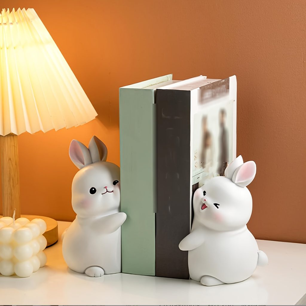 1 Pair Of Cute Bookends, Resin Animal Shape Figurine Book Ends, Decorative Table Statue Bookends for Bookshelf, Creative Living Room Cabinet Ornaments, Book Organized Holders, Bunny Sculpture Book Holder Organizers for Home Decorations