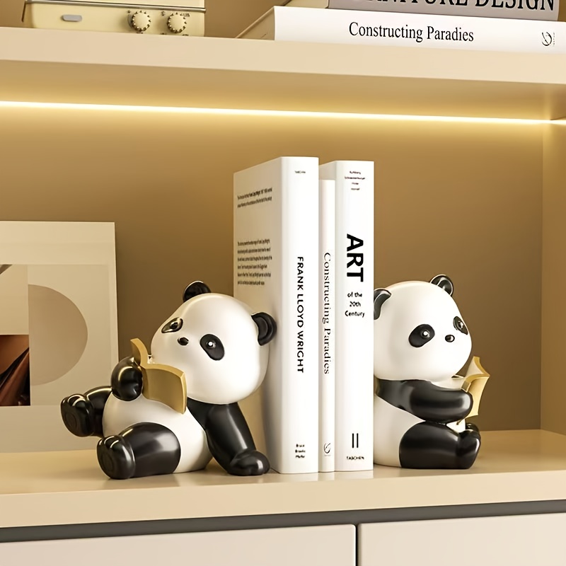 1/2 Creative Design Cute Panda Bookends - ABS Resin Desk Decor with Golden Accents, Adorable Panda Figurine for Home Office, Living Room, or Study - Perfect for Books and Decorative Display, Panda Decor, Book End/bookend, Book Holder, Book Stopper, Book Support, Bookend For Shelve/book End For Shelf